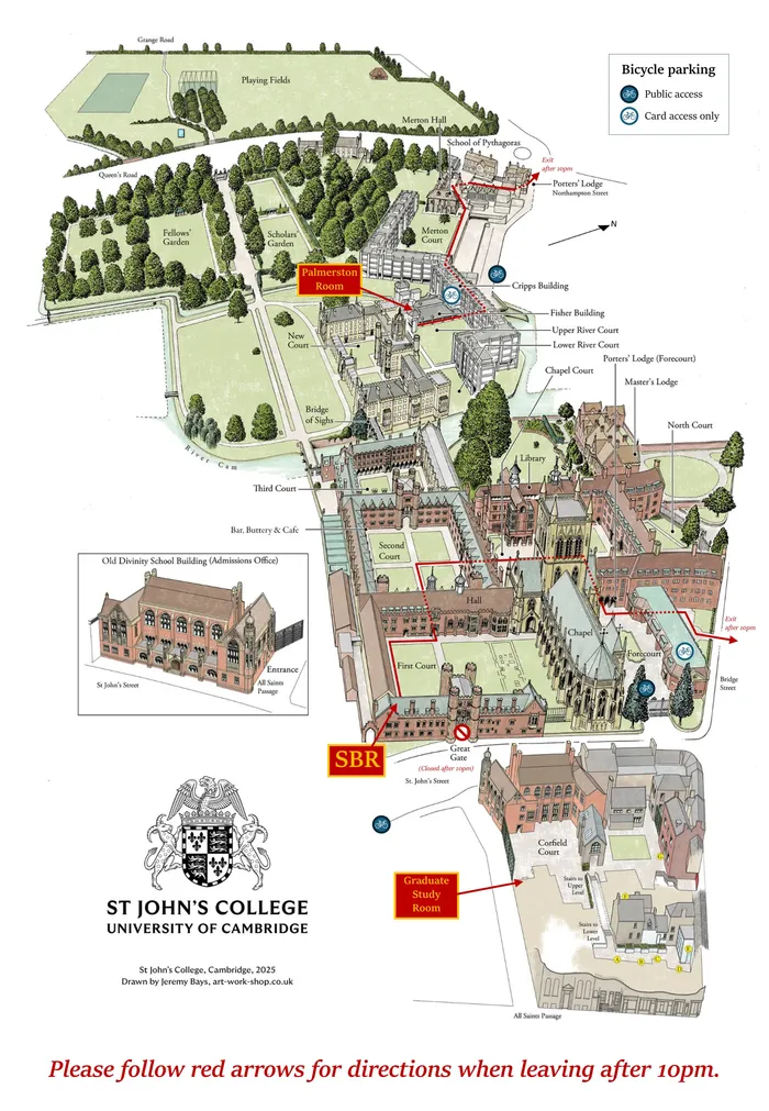 Map of St John's College with locations for postgraduates highlighted